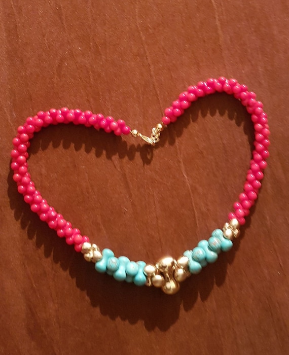 Coral, turquoise and gold plated necklace set. Earring hooks are lever back vermeil. Unique combination and design.