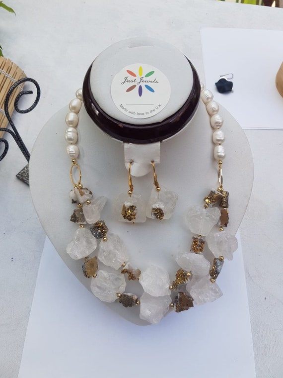 White crystal quartz necklace with druzy copper plated effect beads