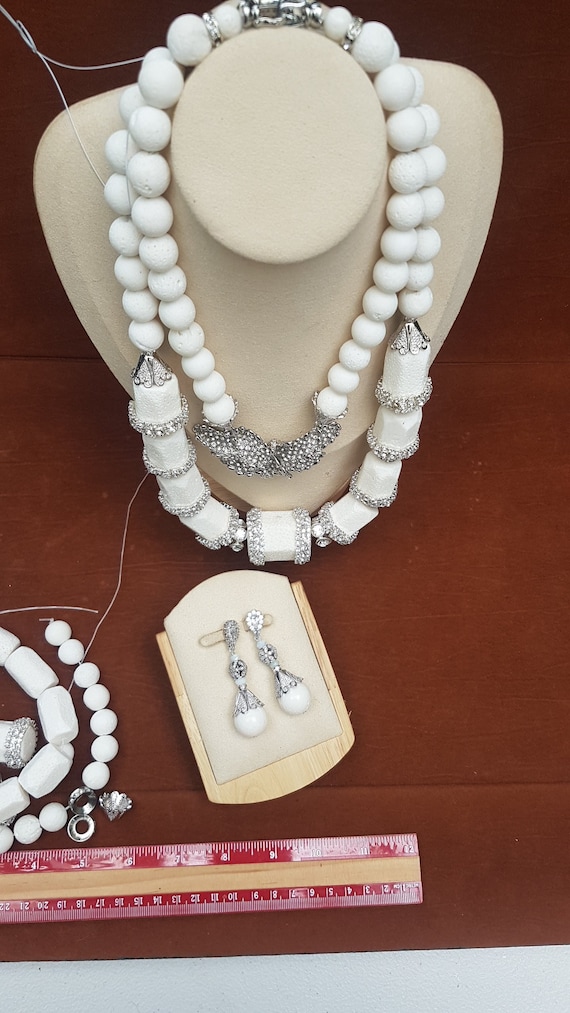 STUNNING! White bamboo coral set. Nigerian Wedding design with class. Very sparkly. 2 Necklaces, pair of earrings & bracelet. REDUCED!!!