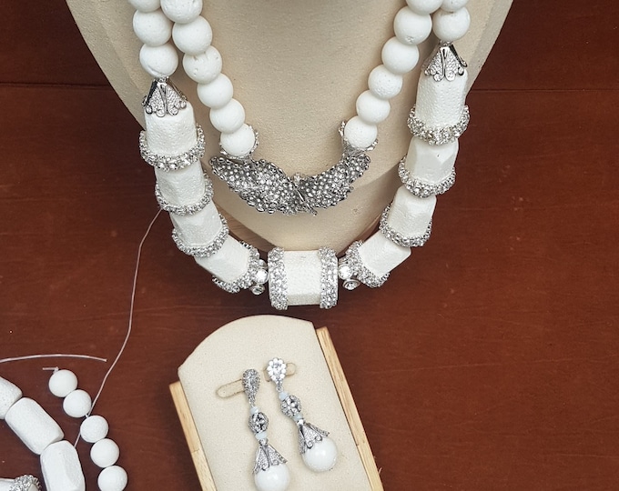 White Bamboo Coral Jewelry Set: Rhinestone Necklace, Earrings & Bracelet