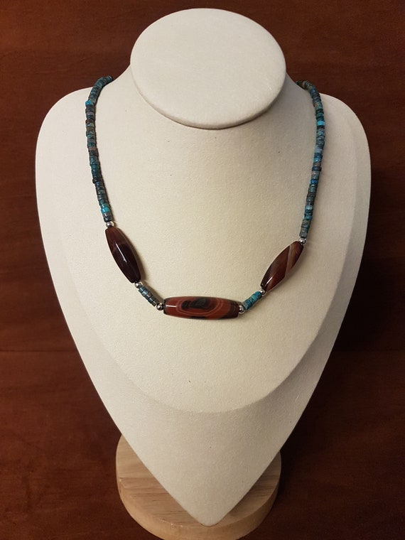 20-inch turquoise gemstone and brown agate  men's necklace. Unique gift for him. 4mm x 2mm turquoise beads.