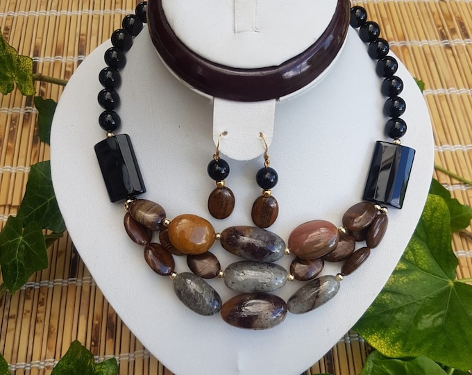 Agate Onyx Necklace and Earrings Set: Earthy Stone Jewelry