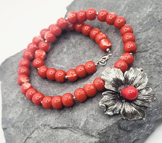 17" red coral beaded necklace. Large pendant feature. The perfect gift for that special person. Unique jewelry.  Fabulous  Mother's day gift
