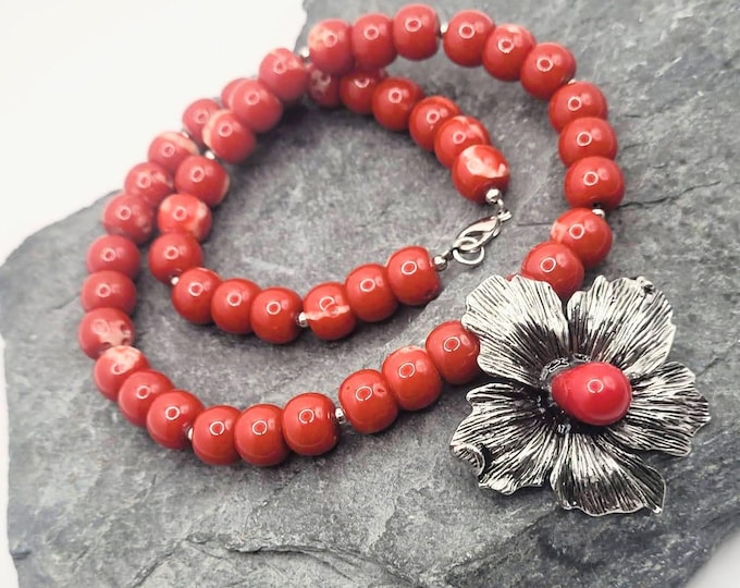 Red Coral Beaded Necklace: Large Flower Pendant, 17" Unique Jewelry