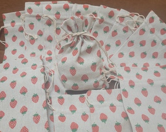 Natural cotton strawberry design jewellery bag for gifts, party favours, 120 x95mm, natural fabric jewellery pouches. REDUCED!!!
