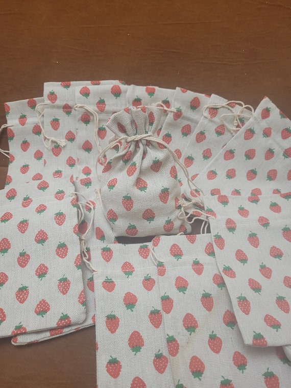 Natural cotton strawberry design jewellery bag for gifts, party favours, 120 x95mm, natural fabric jewellery pouches. REDUCED!!!