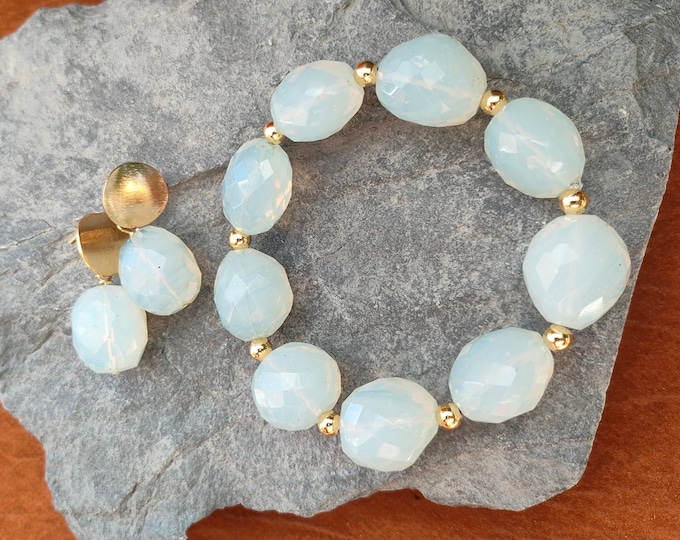 Cloudy Quartz Bracelet: Faceted Off-White Stone, Gold Accents