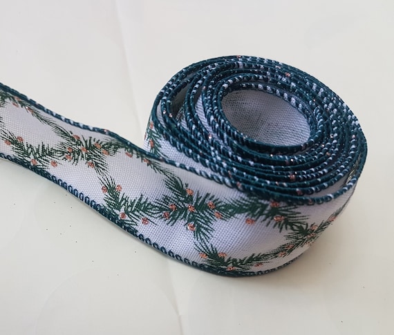 Christmas Fir Ribbon, Green and Ivory Glitter Vine, 38mm