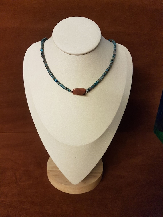 18-inch gemstone, unique men's beaded necklace. 4mm x 2mm turquoise beads & 10mm x 20mm central carnelian. Unique gift for him.