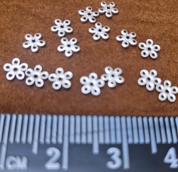 Vintage 5mm diameter tiny silver plated beads/spacers, very small flower embellishments, for DIY projects, jewellery making, framing.