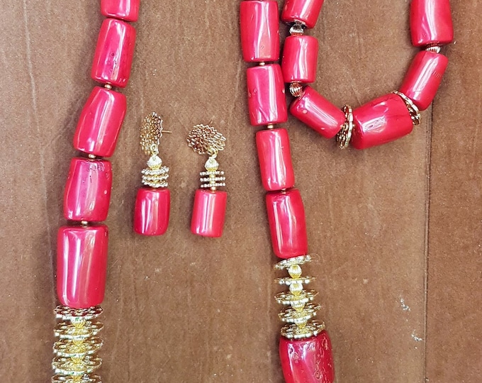 Red Coral Jewelry Set: Nigerian Wedding Necklace, Earrings & Bracelet