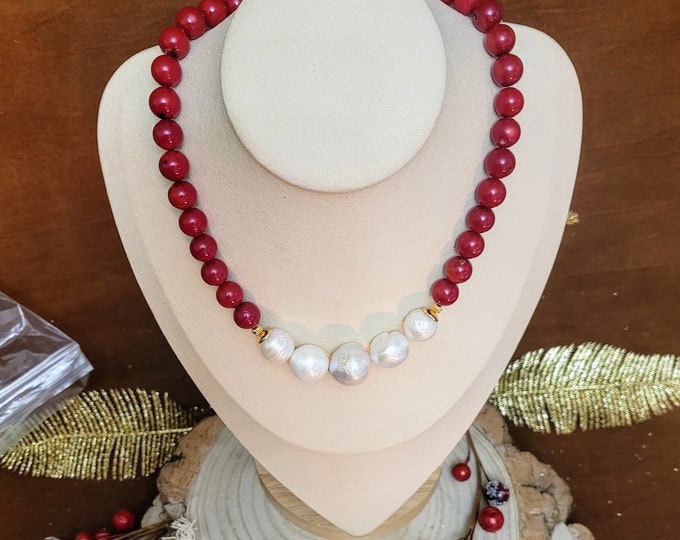 Red Fossil Bead Necklace: Baroque Cultured Pearl Detail