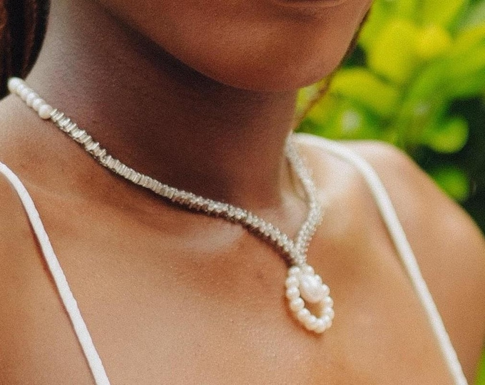 Cubic zircon and freshwater pearl bridal necklace set. Stud earrings included.