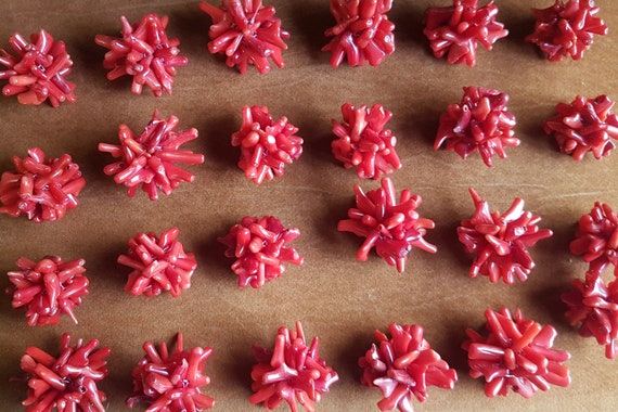 Beaded beads from red coral. Approx. 30mm diameter. Make into earrings or necklace or just be creative, be different! Priced each.