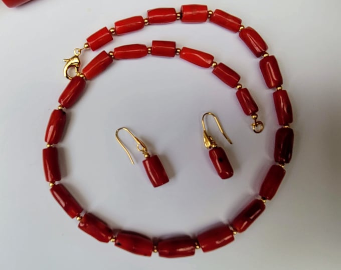 Red Coral Gold Necklace Earring Set, His & Hers Wedding Jewelry