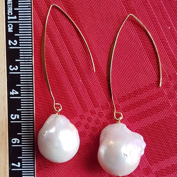 Large Baroque pearl earrings 25 x 18mm approx. High luster pearls. Very beautiful Christmas gift. 45mm Sturdy & long ear wire. Elegant look.