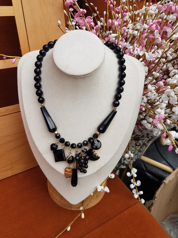 Black Jazzy Necklace Unique Bold Statement Jewelry One-of-a-Kind Artistic Accessory for Women. Made with black onyx and crystal.