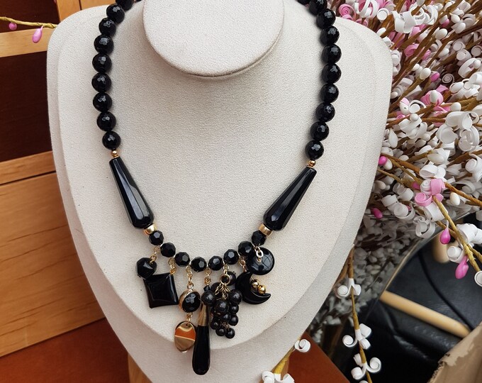 Black Onyx Statement Necklace: Jazzy Artistic Beaded Jewelry