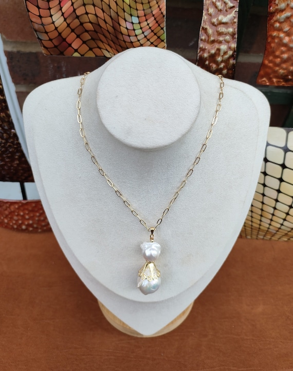 Large double  baroque pearl pendant 50 x 25mm approx. High luster pearl. Baroque shapes vary. Pendant with 18 inch chain. Gift for mum.