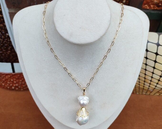Large Baroque Pearl Pendant Necklace: Gold Plated Bail, 18 inch Chain