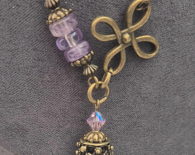 Amethyst & Brass Necklace Set:  Elegant Antique Accents, 18 Inches long. Matching Earring.