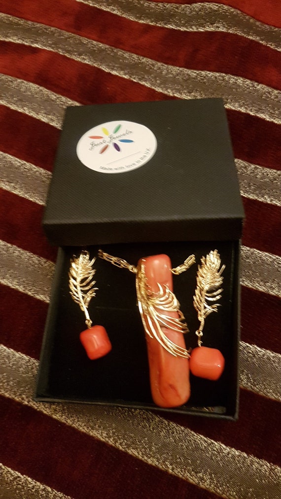 Coral Pendant Necklace with Gold Chain and Earrings