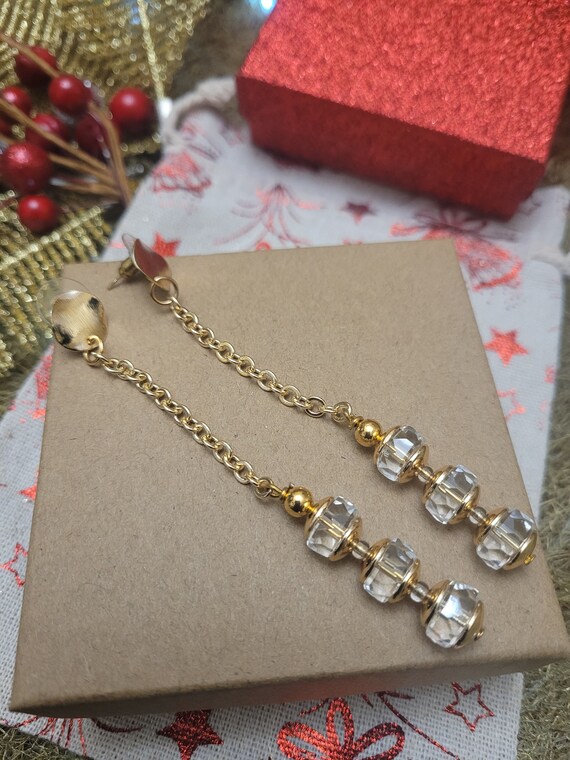 Beautiful Gold & rock crystal, long dangling earrings. Unusual and unique Christmas, birthday gift for her.