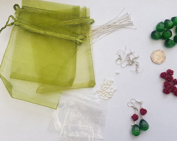 DIY Earring Making Kit: Green Cats Eye & Red Flower Beads