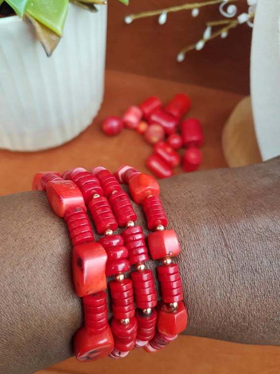 Red coral bracelet. Nigerian wedding jewelry. Real gemstones. Celebration beads. Buy 3 get one free.