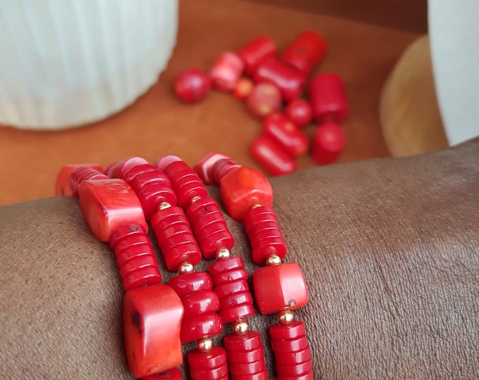 Red coral bracelet. Nigerian wedding jewelry. Real gemstones. Celebration beads. Buy 3 get one free.