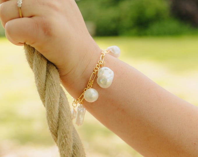 Baroque Pearl Bracelet: Gold Plated Brass, Adjustable Elegant Charm