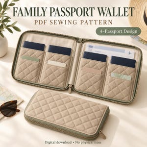 Puede incluir: Una cartera familiar para pasaportes acolchada de color beige con cierre de cremallera, mostrada abierta y cerrada. El interior tiene varios bolsillos con cuatro pasaportes azul oscuro, tarjetas y un documento de viaje. Texto: FAMILY PASSPORT WALLET PDF SEWING PATTERN 4-Passport Design.