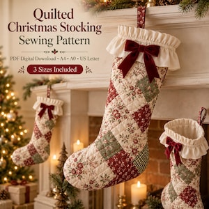 May include: A quilted Christmas stocking sewing pattern featuring a diamond-patterned fabric with red, green, and cream floral prints. The stocking has a cream-colored ruffled cuff and a dark red velvet bow. Text reads Quilted Christmas Stocking.