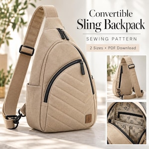 May include: A beige convertible sling backpack sewing pattern PDF download. The bag features a quilted chevron front panel, black zips, an adjustable strap, and a small leaf logo patch. The interior lining has a floral print pattern.