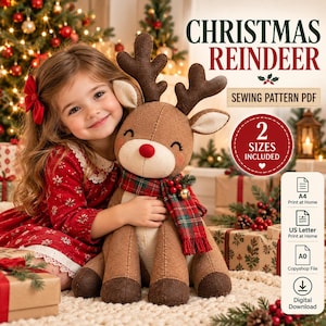 Peut inclure: Un patron de couture PDF pour une peluche renne de Noël. Le téléchargement numérique inclut deux tailles, avec des options d'impression A4, US Letter et A0. Le renne présente un tissu marron, des bois marron foncé, un nez rouge et une écharpe à carreaux.