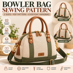 May include: A bowler bag sewing pattern featuring a beige and olive green handbag with brown leather handles, a detachable olive green shoulder strap, a curved zipper opening, and a small rectangular label with a leaf icon on the front.
