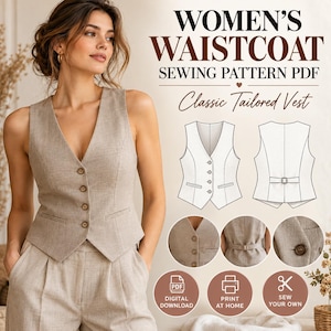 Peut inclure: Un patron de couture PDF pour gilet beige au design classique et ajusté. L'image présente un gilet beige fini avec quatre boutons, des dessins techniques du devant et du dos, ainsi que des détails circulaires des boutons et de la patte arrière.