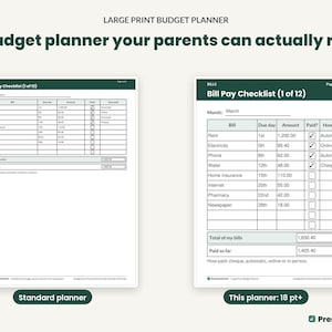 Puede incluir: Una comparativa de planificadores de presupuesto en letra grande que muestra un planificador estándar junto a una versión de 18 pt+. Ambas páginas incluyen una lista de control de facturas con columnas para el mes de marzo.