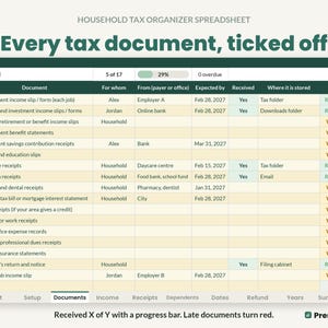 May include: A digital household tax organiser spreadsheet titled Every tax document, ticked off. The table displays columns for document type, recipient, source, due date, status, and storage location, with a progress bar showing 29% completion.