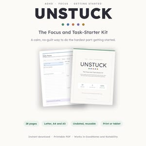 Może przedstawiać: Cyfrowy zestaw planera zatytułowany UNSTUCK, The Focus and Task-Starter Kit, zawierający stronę codziennego skupienia oraz stronę tytułową. Zestaw składa się z 28 stron, jest niedatowany, wielokrotnego użytku i kompatybilny z formatami A4 oraz A5.
