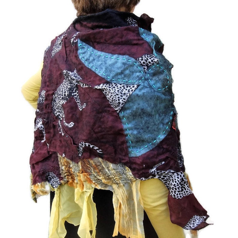 Warm neck wrap. Felted shoulder wrap Colourful patchwork Wrap Designer asymmetrical felted top Patchwork Poncho Nuno-felted Poncho