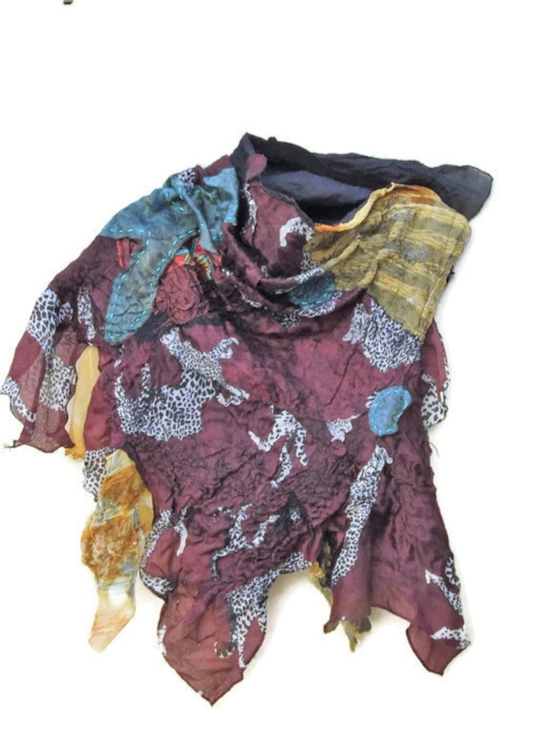 Warm neck wrap. Felted shoulder wrap Colourful patchwork Wrap Designer asymmetrical felted top Patchwork Poncho Nuno-felted Poncho