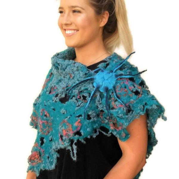 Handmade Cobweb Shoulder wrap/scarf/stole/shawl/accessory for Summer or Winter. Designer Felted Teal/Tangerine yarns and free felt brooch.