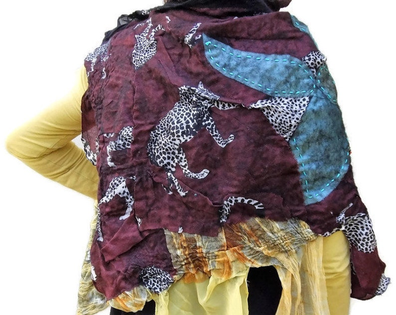 Warm neck wrap. Felted shoulder wrap Colourful patchwork Wrap Designer asymmetrical felted top Patchwork Poncho Nuno-felted Poncho