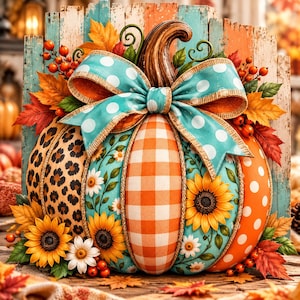 May include: A decorative pumpkin featuring a mix of patterns including leopard print, orange gingham, and white polka dots on a teal background. It is adorned with a large teal polka-dot bow, sunflowers, daisies, and orange berries.