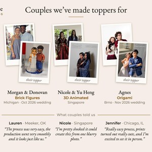 May include: A collage titled Couples we've made toppers for featuring three sets of custom wedding cake toppers alongside reference photos. The figures include brick-style characters, 3D animated style figures, and origami-inspired designs.