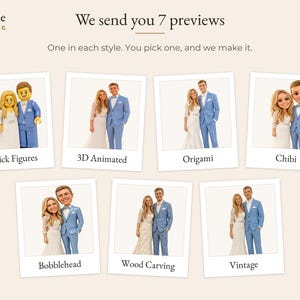 May include: A display showing seven different artistic styles for a wedding couple portrait, including Brick Figures, 3D Animated, Origami, Chibi, Bobblehead, Wood Carving, and Vintage. The text reads: Conjure Wedding, We send you 7 previews.
