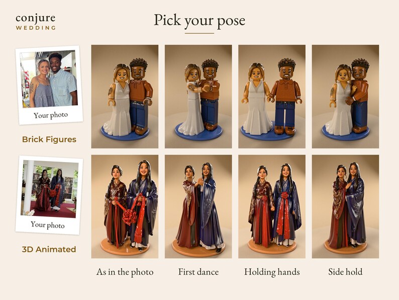Op de afbeelding: Een overzicht van gepersonaliseerde bruidstaarttoppers in twee stijlen: bouwsteenfiguren en 3D-geanimeerde figuren. Elke stijl toont twee paren in vier verschillende houdingen, gelabeld als foto, eerste dans, hand in hand en zijwaarts.
