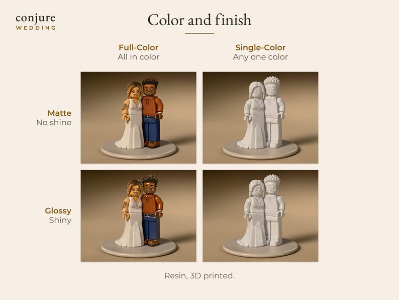 May include: A comparison chart for custom 3D printed resin figurines showing four variations of a couple. Options include full-color or single-color finishes, each available in either a matte or glossy texture. The text reads Conjure Wedding, Color and finish, Full-Color, Single-Color, Matte, Glossy, and Resin, 3D printed.
