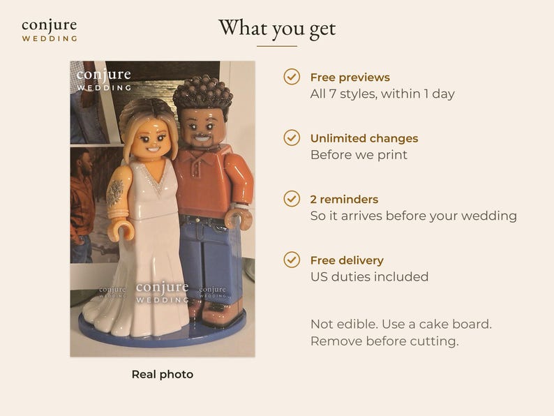 May include: A custom cake topper featuring two plastic figures resembling a bride in a white dress and a partner in an orange shirt and blue jeans, standing on a blue circular base. The text "conjure WEDDING" is visible on the base and top left.